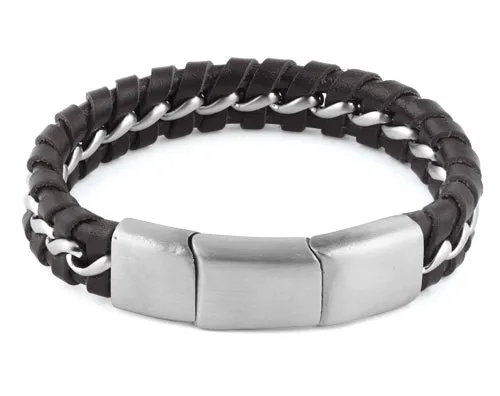 Stainless Steel Curb Chain Dark Brown Leather Bracelet