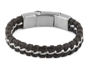 Stainless Steel Curb Chain Dark Brown Leather Bracelet