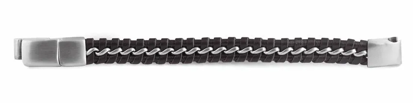 Stainless Steel Curb Chain Dark Brown Leather Bracelet