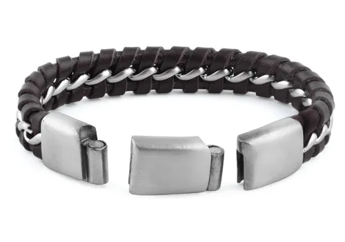 Stainless Steel Curb Chain Dark Brown Leather Bracelet