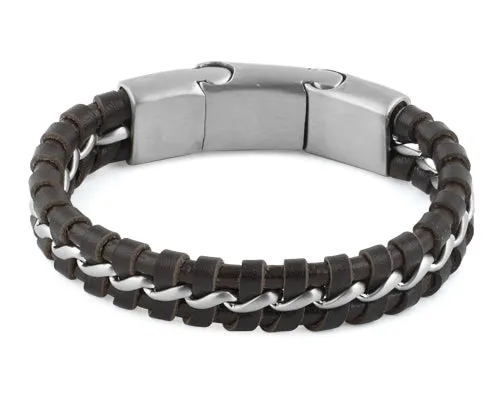 Stainless Steel Curb Chain Dark Brown Leather Bracelet
