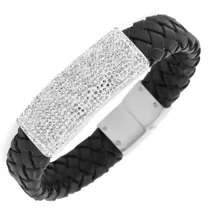 Stainless Steel Genuine Braided Black Leather Silver-Tone White CZ Men's Clasp Bracelet