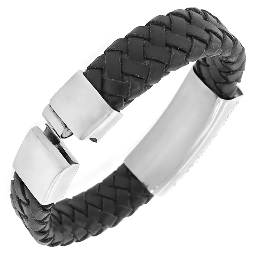 Stainless Steel Genuine Braided Black Leather Silver-Tone White CZ Men's Clasp Bracelet