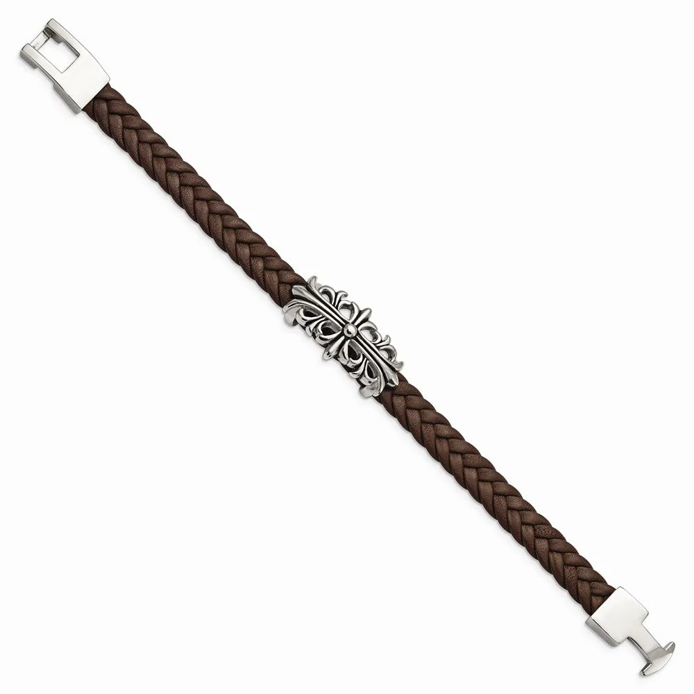 Stainless Steel Polished Antiqued Brown Leather Filigree Bracelet
