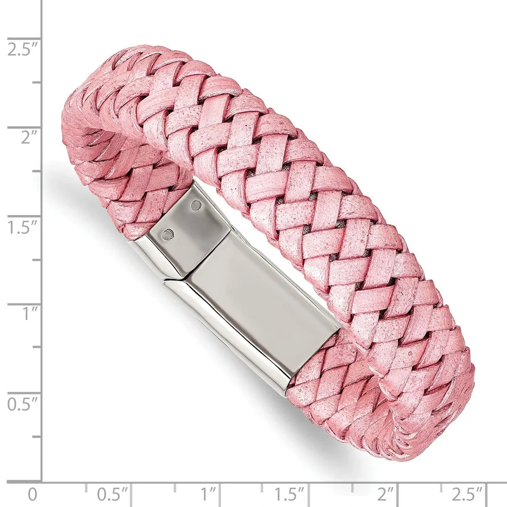 Stainless Steel Polished Metallic Pink Woven Leather Bracelet