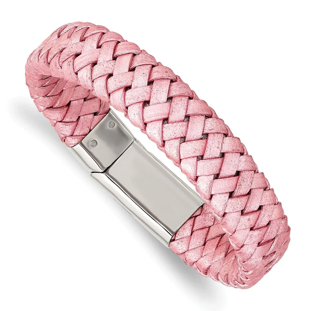 Stainless Steel Polished Metallic Pink Woven Leather Bracelet