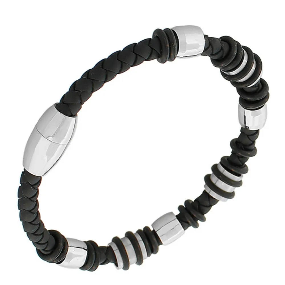 Stainless Steel Silver-Tone Black Faux PU Braided Leather Men's Wristband Bracelet