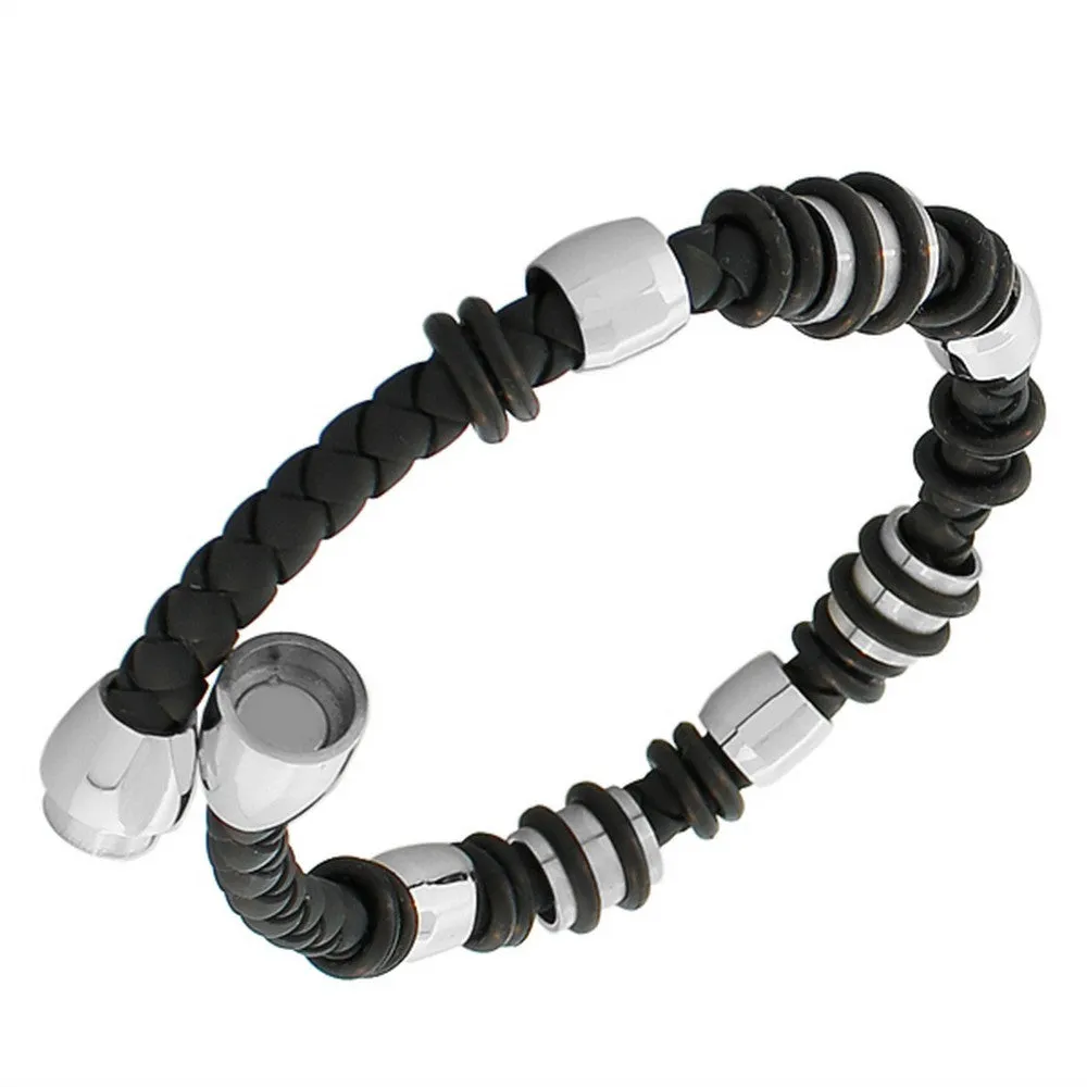 Stainless Steel Silver-Tone Black Faux PU Braided Leather Men's Wristband Bracelet