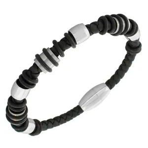 Stainless Steel Silver-Tone Black Faux PU Braided Leather Men's Wristband Bracelet