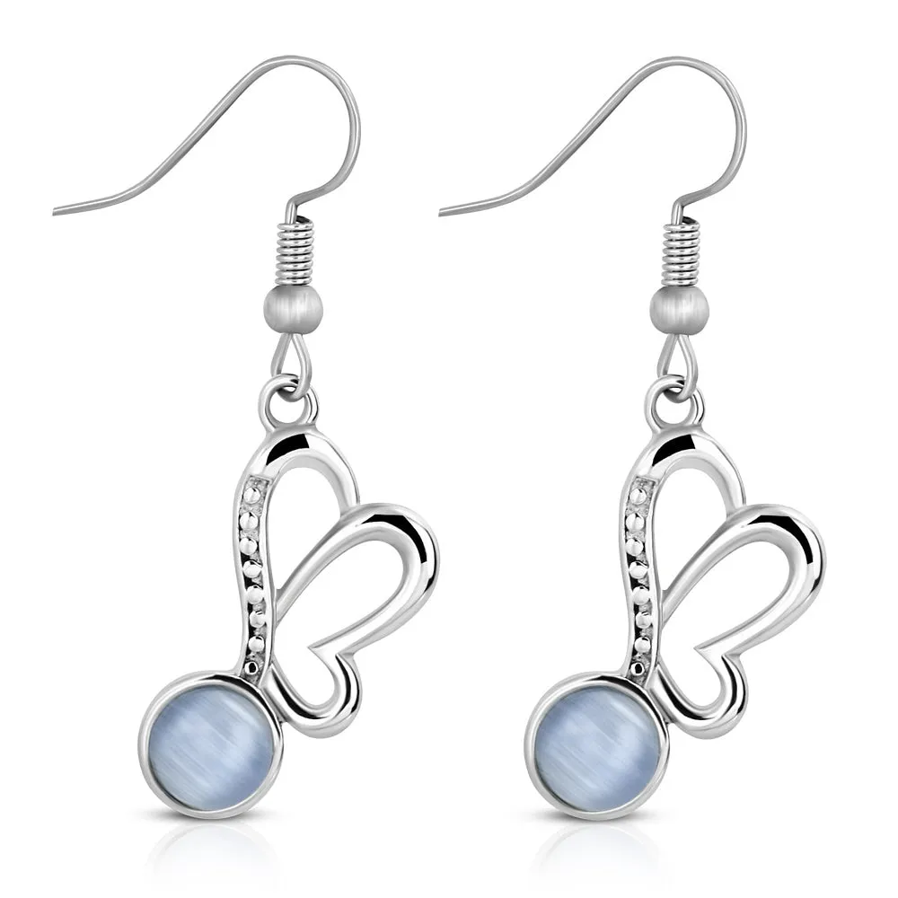 Stainless Steel Silver-Tone Blue Simulated Gemstone Butterfly Drop Dangle Earrings