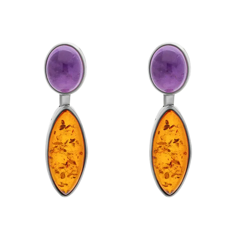 Sterling Silver Amber Amethyst Oval Top Marquise Drop Stud Earrings D