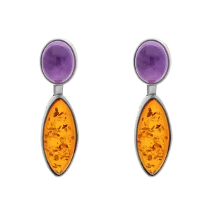 Sterling Silver Amber Amethyst Oval Top Marquise Drop Stud Earrings D