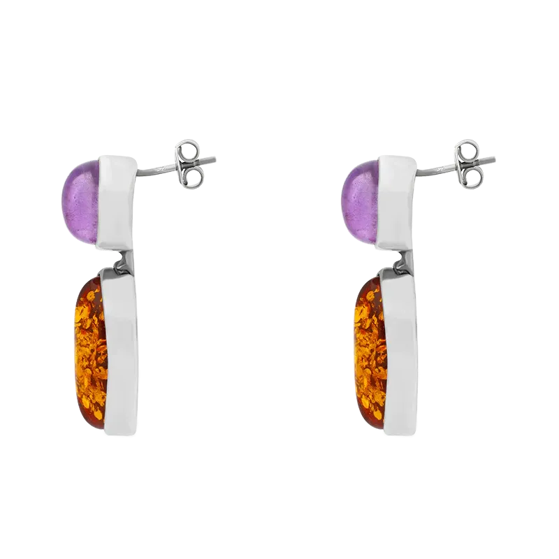 Sterling Silver Amber Amethyst Oval Top Marquise Drop Stud Earrings D