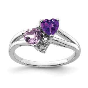 Sterling Silver Amethyst & Pink Quartz & Diamond Double Heart Ring