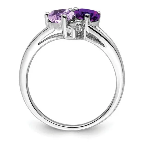 Sterling Silver Amethyst & Pink Quartz & Diamond Double Heart Ring
