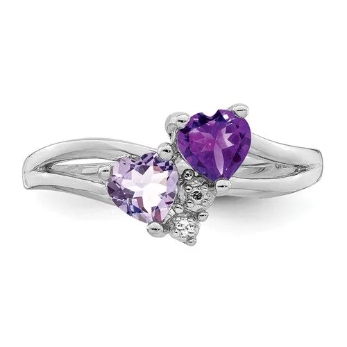 Sterling Silver Amethyst & Pink Quartz & Diamond Double Heart Ring