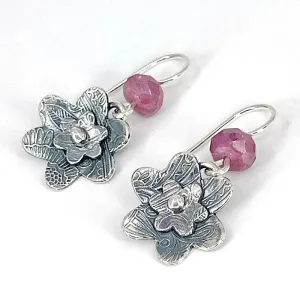 Sterling Silver Flower Earrings with Rubies