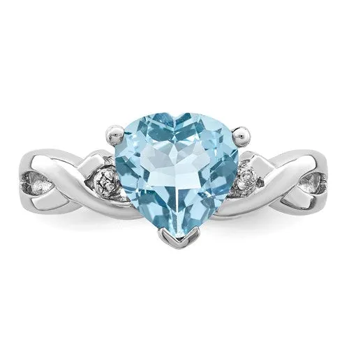 Sterling Silver Light Swiss Blue Topaz Heart & Diamond Ring