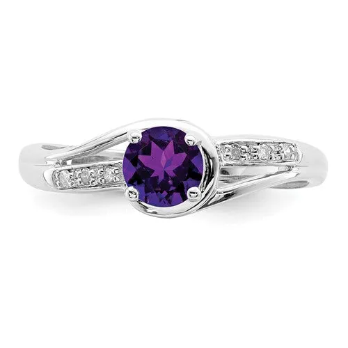 Sterling Silver Round Amethyst and Diamond Ring