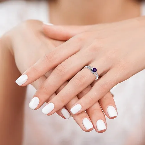 Sterling Silver Round Amethyst and Diamond Ring