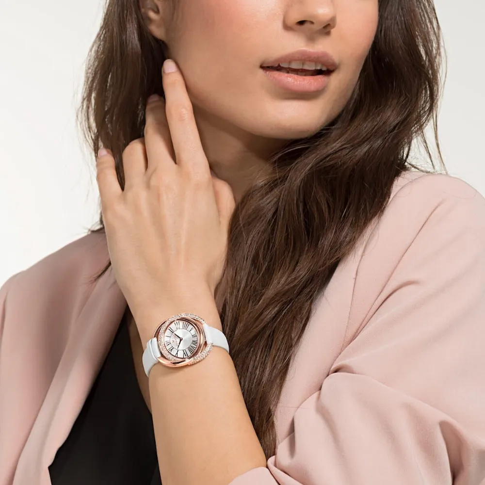 Swarovski Duo Watch Leather Strap White Rose-Gold Tone