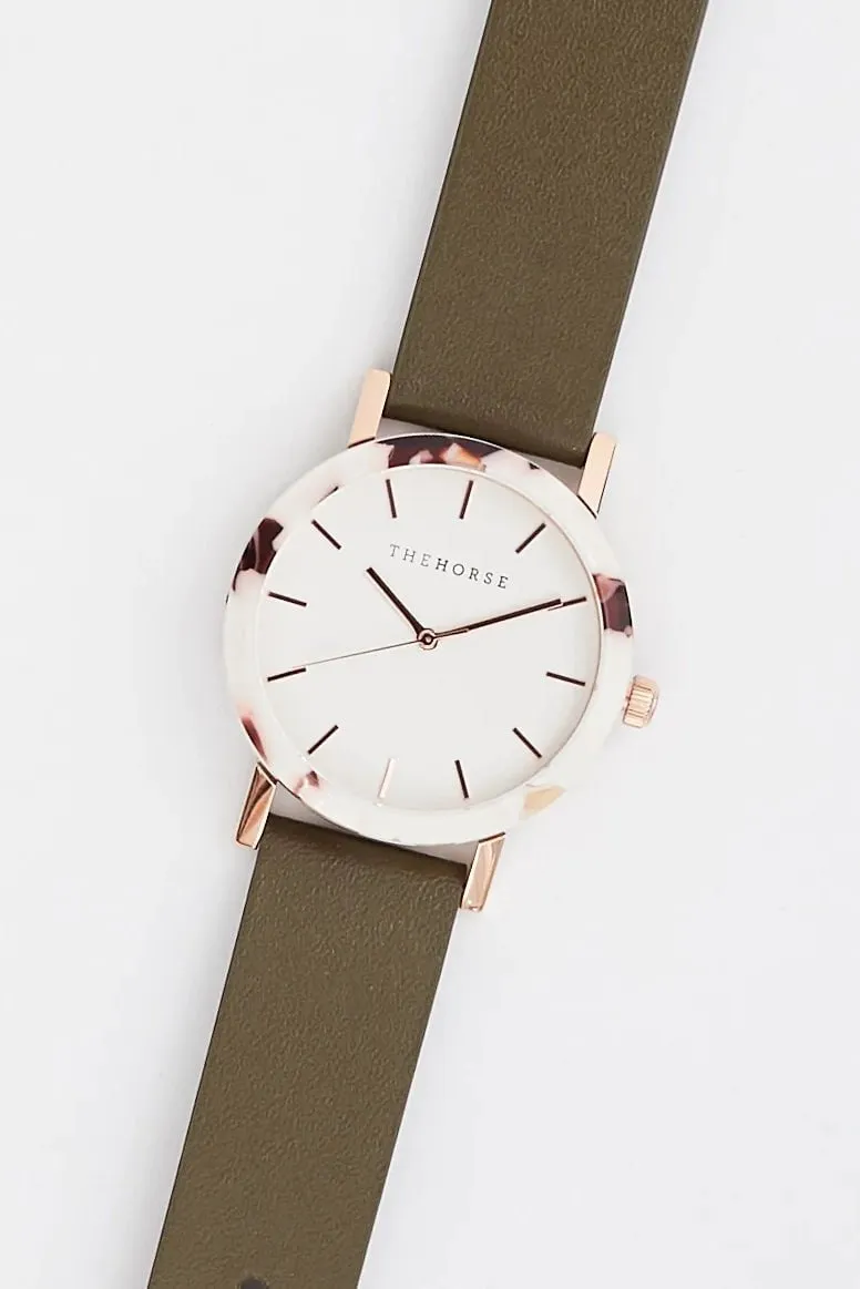 THE HORSE MINI RESIN WATCH - NOUGAT SHELL/WHITE DIAL/OLIVE LEATHER