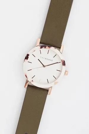 THE HORSE MINI RESIN WATCH - NOUGAT SHELL/WHITE DIAL/OLIVE LEATHER