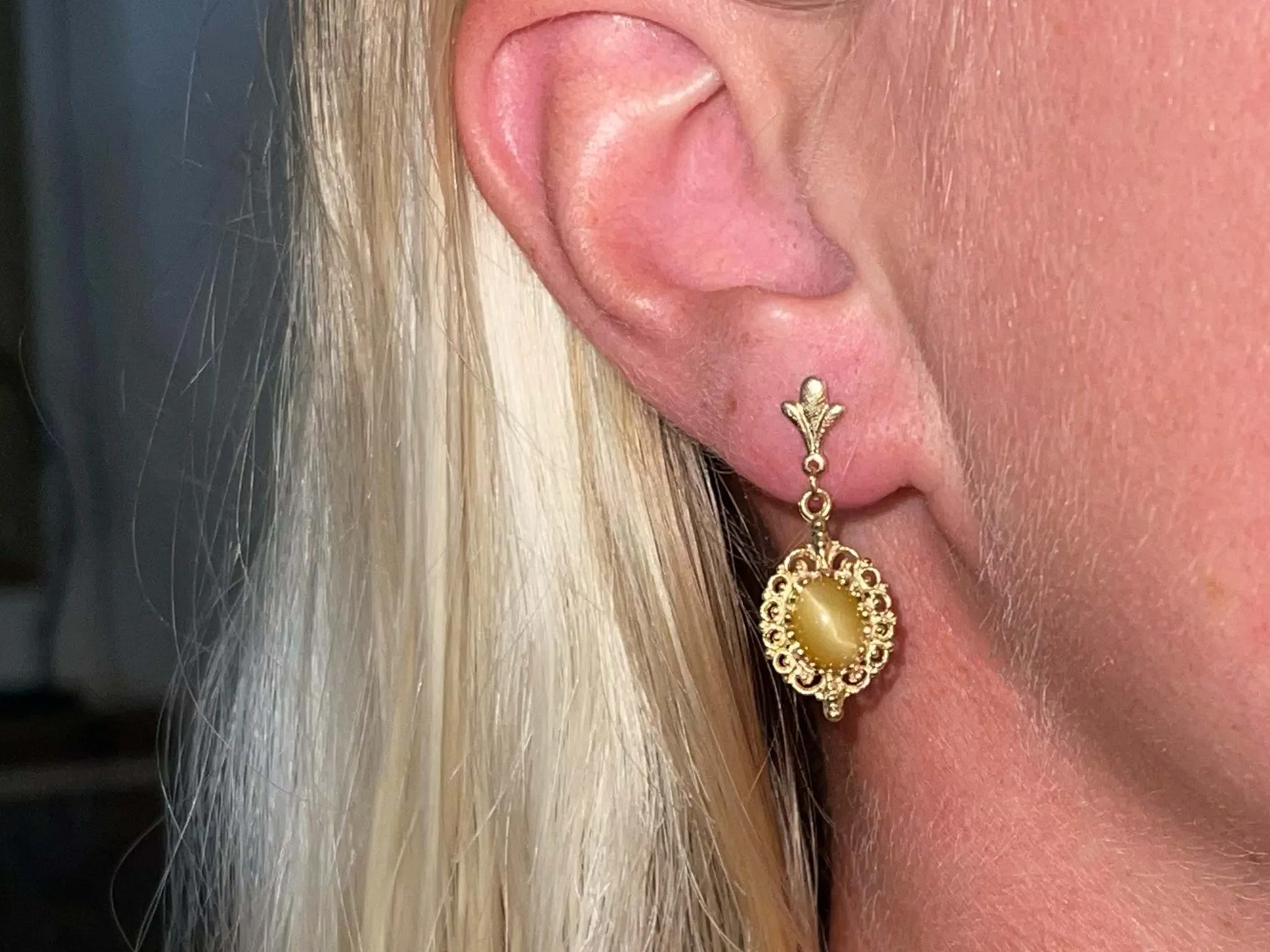 Tigers Eye Dangly Drop 14k Solid Gold Earrings