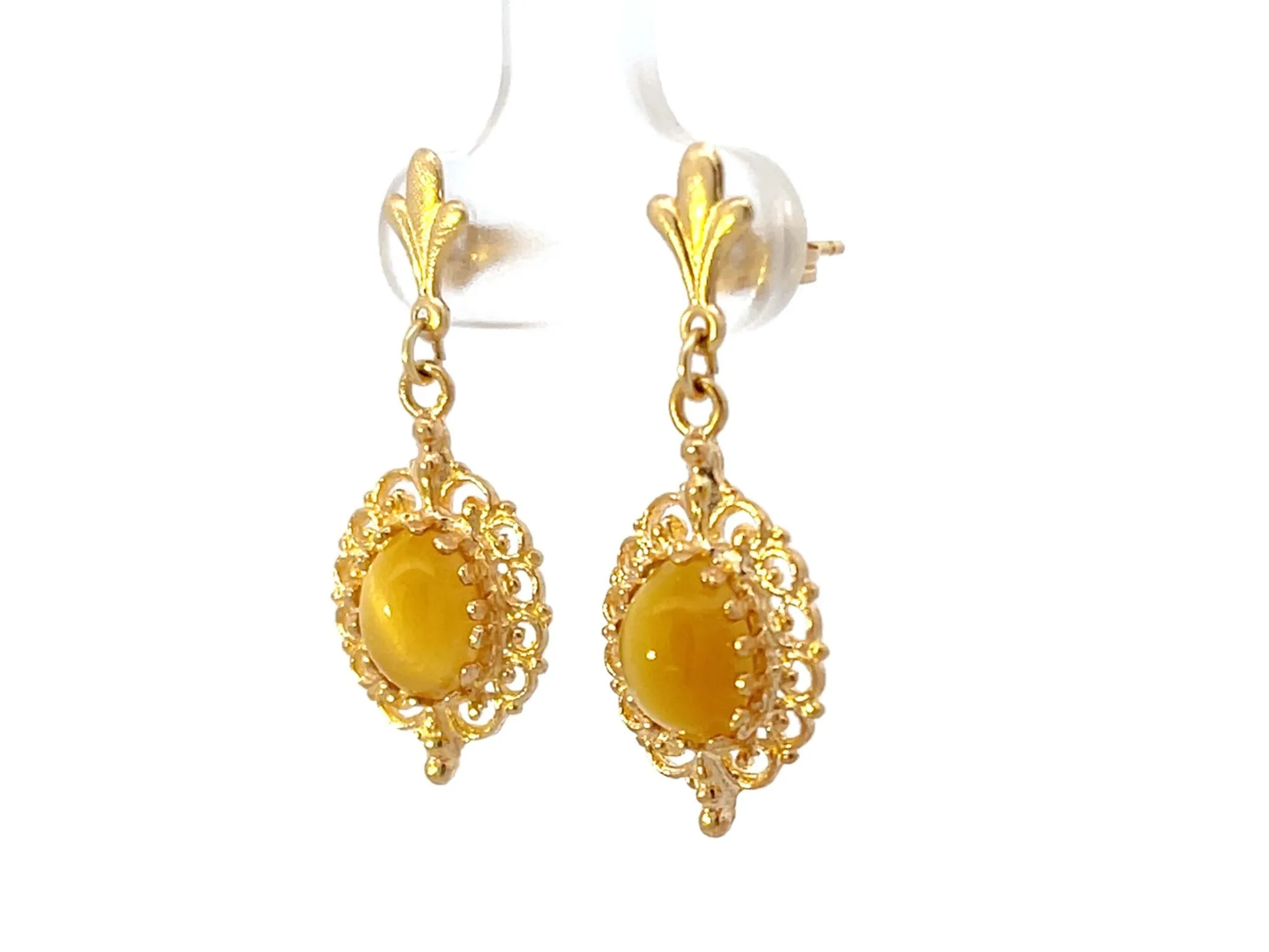 Tigers Eye Dangly Drop 14k Solid Gold Earrings