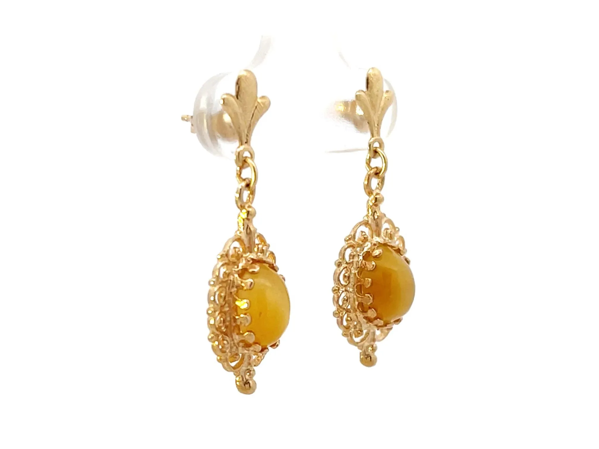 Tigers Eye Dangly Drop 14k Solid Gold Earrings
