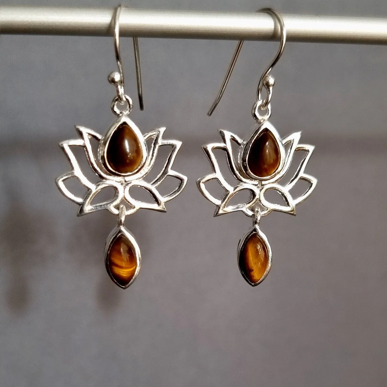 Tigers Eye Sterling Silver Lotus Flower Earrings, E64TE