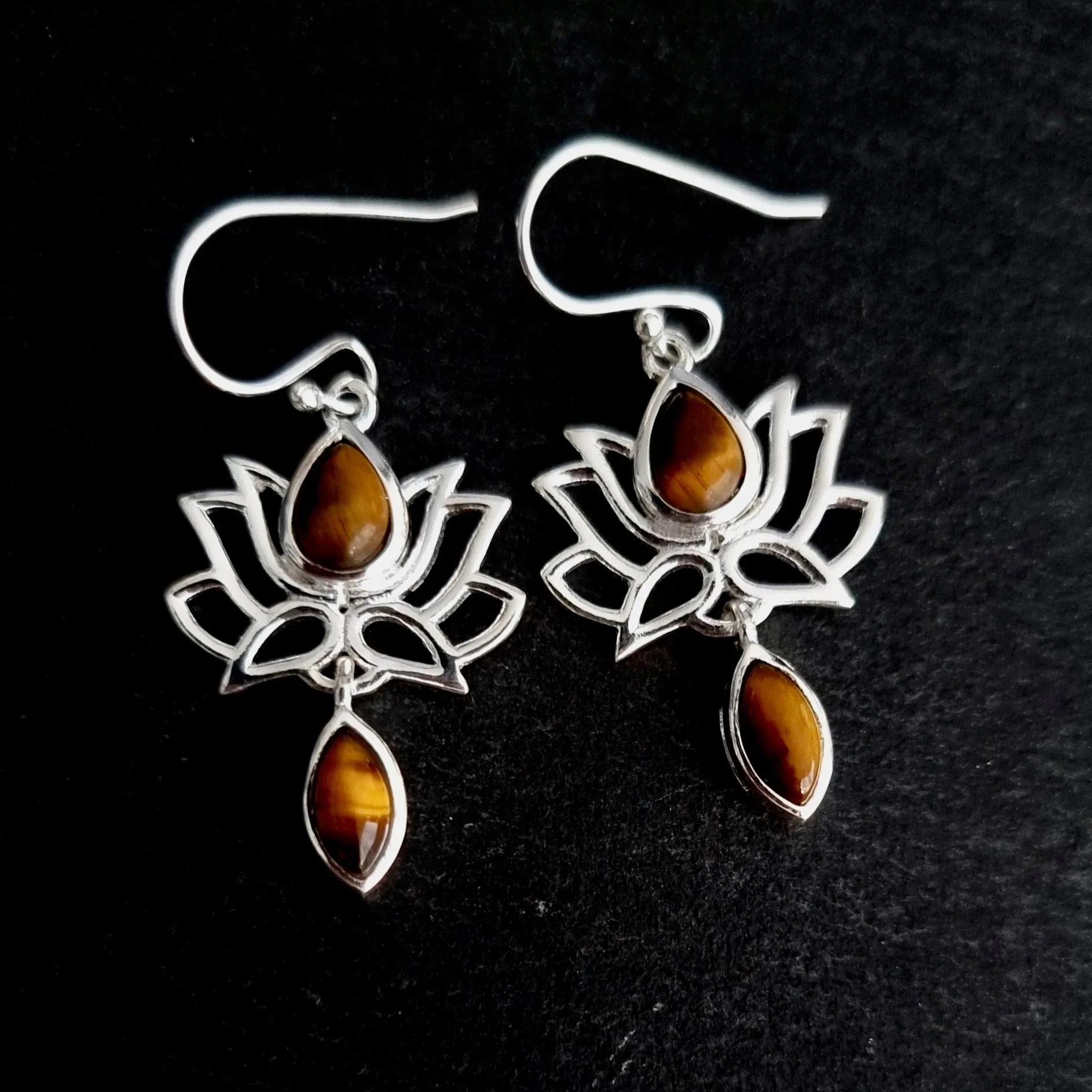 Tigers Eye Sterling Silver Lotus Flower Earrings, E64TE
