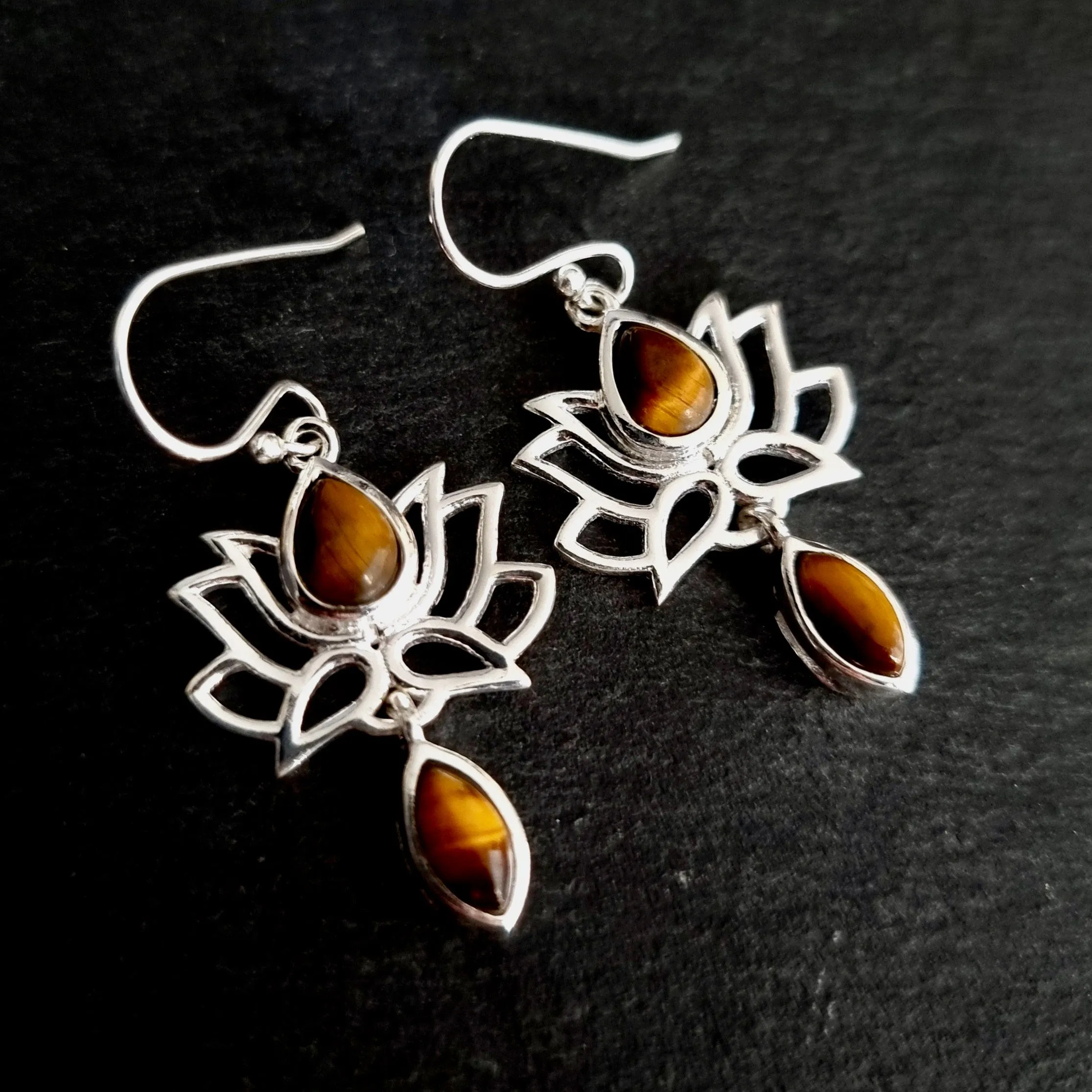 Tigers Eye Sterling Silver Lotus Flower Earrings, E64TE