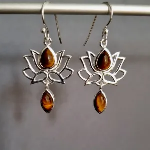 Tigers Eye Sterling Silver Lotus Flower Earrings, E64TE