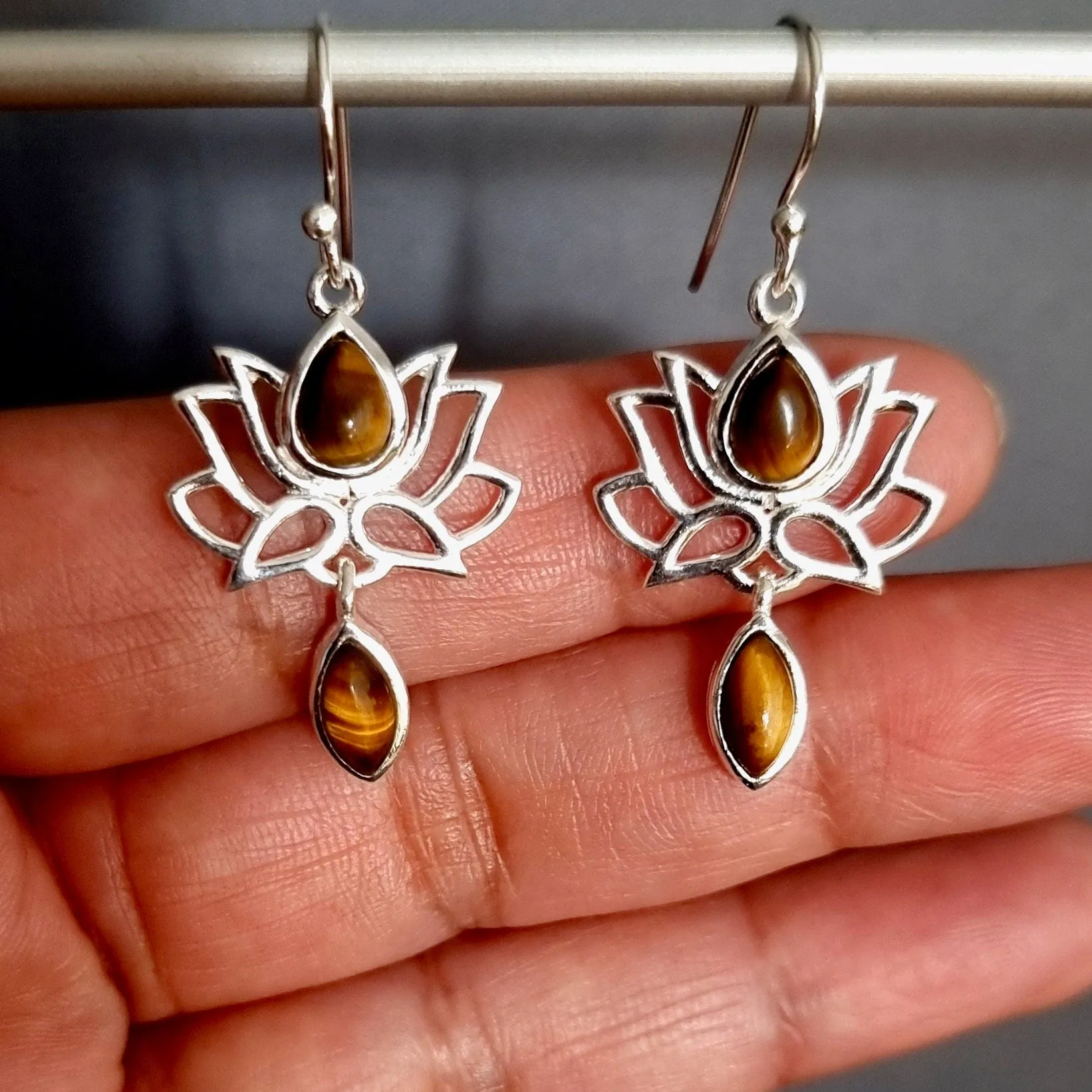 Tigers Eye Sterling Silver Lotus Flower Earrings, E64TE