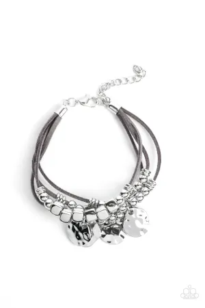 Token Trek - Silver - Suede Cord Hammered Silver Disc Paparazzi Lobster Claw Bracelet