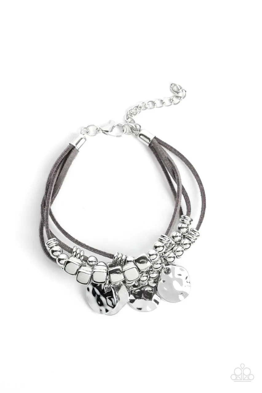 Token Trek - Silver - Suede Cord Hammered Silver Disc Paparazzi Lobster Claw Bracelet