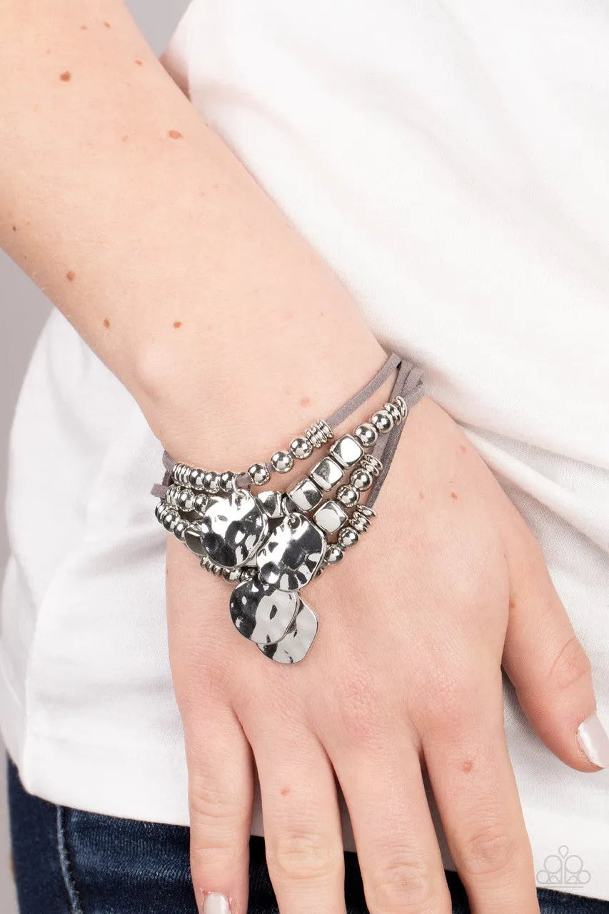 Token Trek - Silver - Suede Cord Hammered Silver Disc Paparazzi Lobster Claw Bracelet