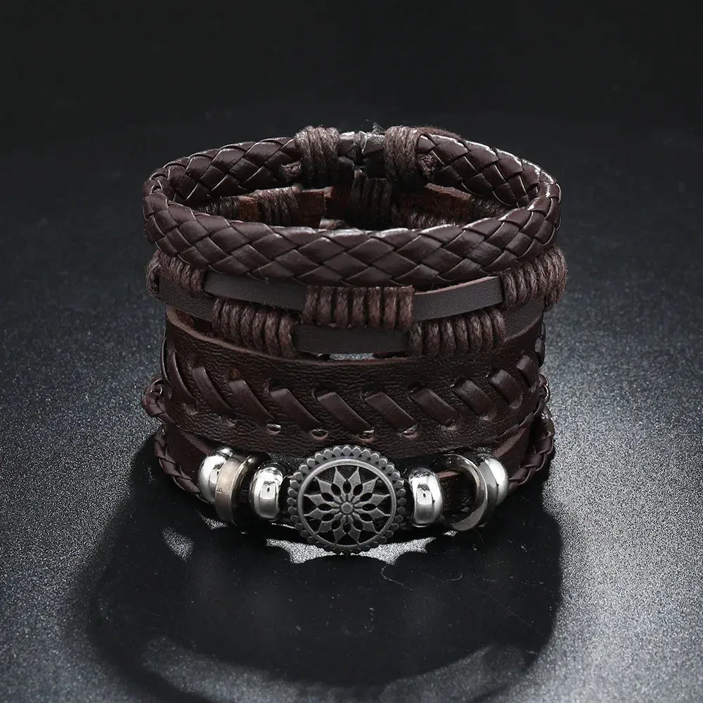 Trendy Compass Man Leather Bracelets set Black Hand Woven Bracelet for Men 4pcs/set DIY Male Jewelry Gift New Pulsera Hombre