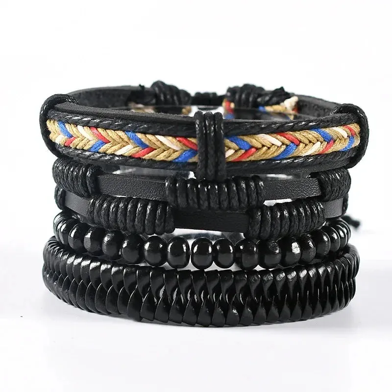 Trendy Compass Man Leather Bracelets set Black Hand Woven Bracelet for Men 4pcs/set DIY Male Jewelry Gift New Pulsera Hombre