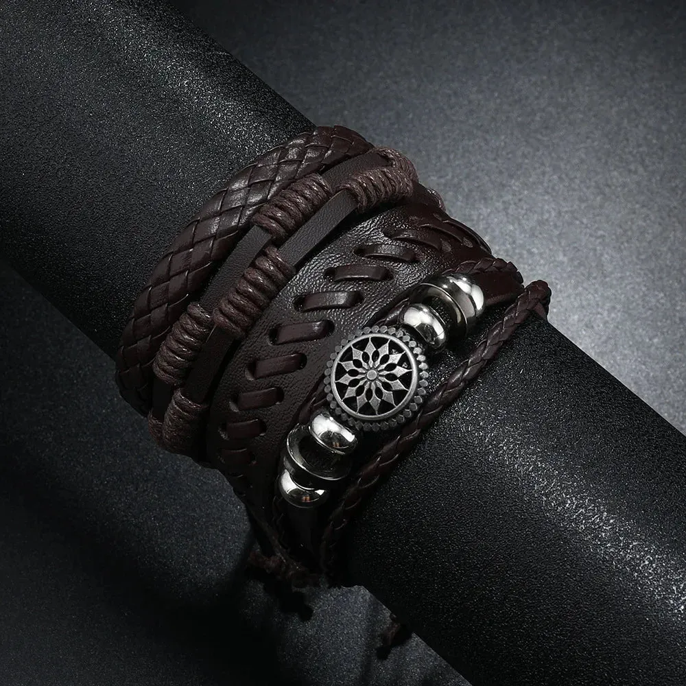 Trendy Compass Man Leather Bracelets set Black Hand Woven Bracelet for Men 4pcs/set DIY Male Jewelry Gift New Pulsera Hombre
