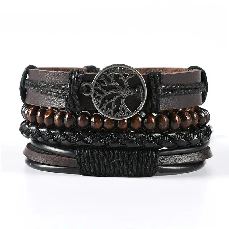 Trendy Compass Man Leather Bracelets set Black Hand Woven Bracelet for Men 4pcs/set DIY Male Jewelry Gift New Pulsera Hombre