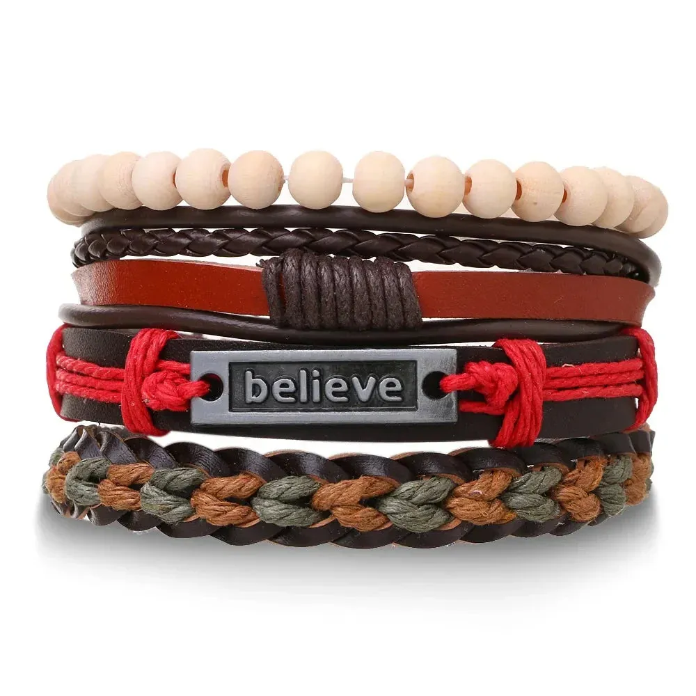 Trendy Compass Man Leather Bracelets set Black Hand Woven Bracelet for Men 4pcs/set DIY Male Jewelry Gift New Pulsera Hombre