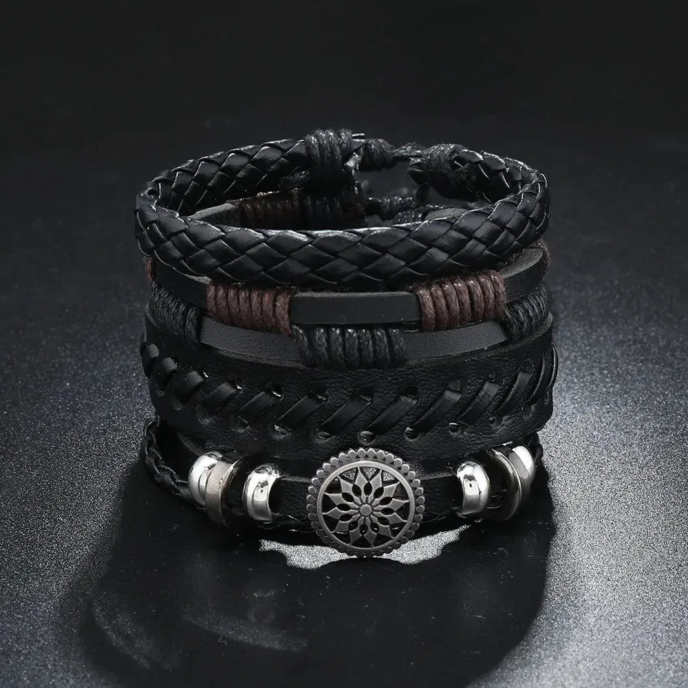 Trendy Compass Man Leather Bracelets set Black Hand Woven Bracelet for Men 4pcs/set DIY Male Jewelry Gift New Pulsera Hombre