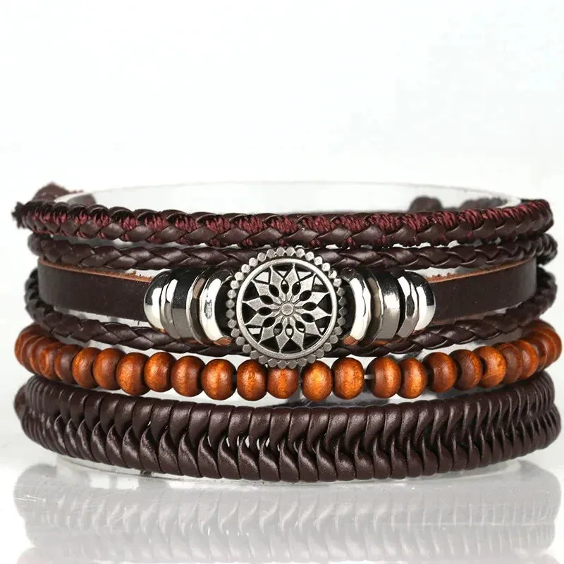 Trendy Compass Man Leather Bracelets set Black Hand Woven Bracelet for Men 4pcs/set DIY Male Jewelry Gift New Pulsera Hombre