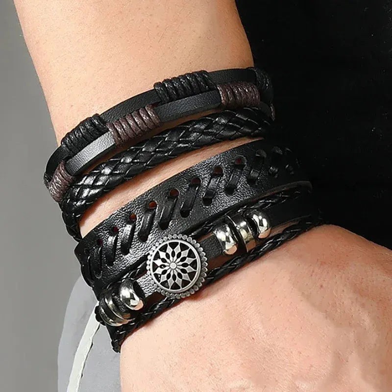 Trendy Compass Man Leather Bracelets set Black Hand Woven Bracelet for Men 4pcs/set DIY Male Jewelry Gift New Pulsera Hombre