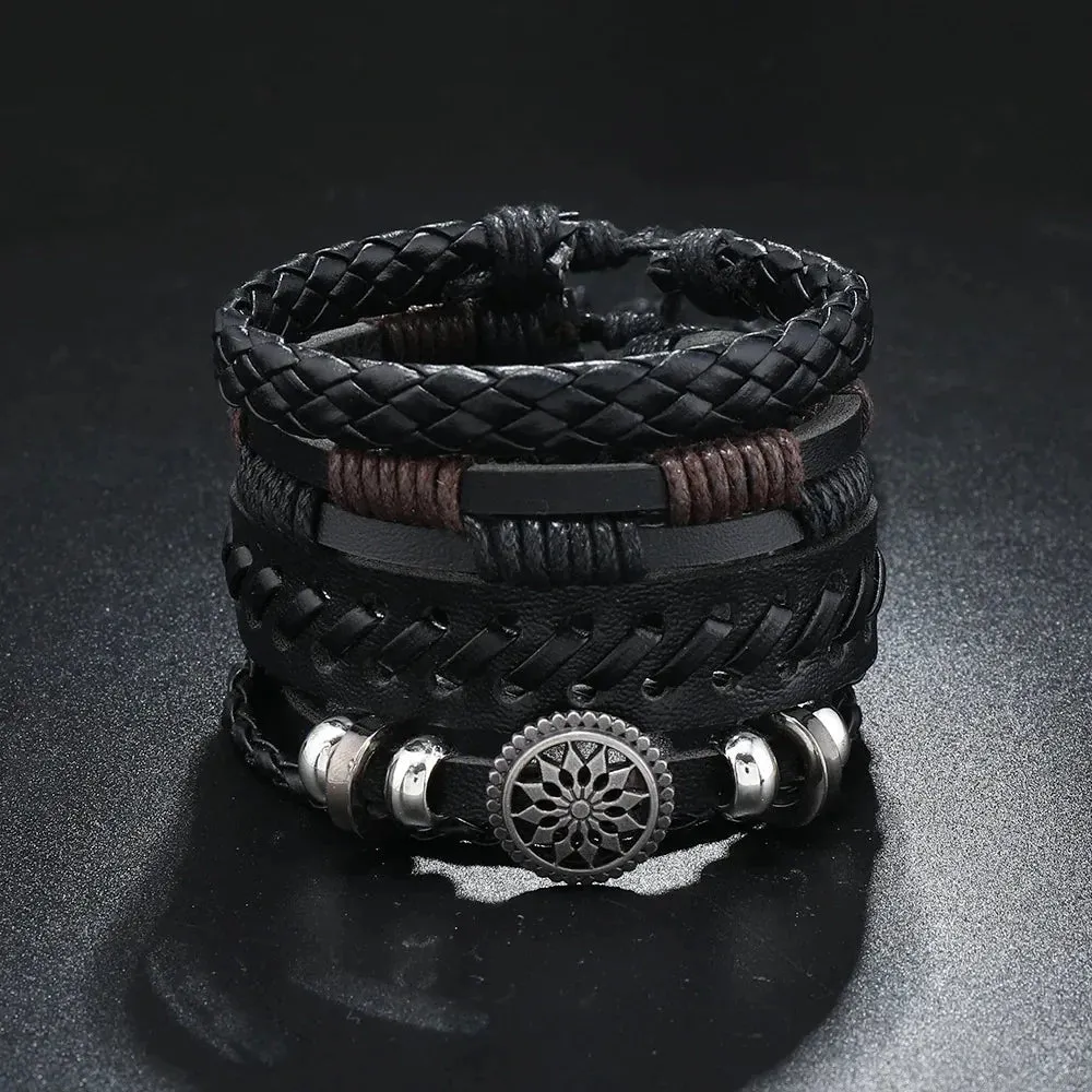 Trendy Compass Man Leather Bracelets set Black Hand Woven Bracelet for Men 4pcs/set DIY Male Jewelry Gift New Pulsera Hombre