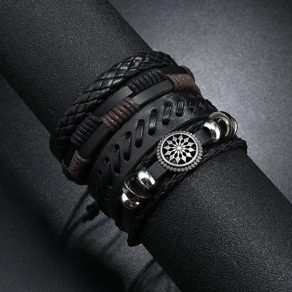 Trendy Compass Man Leather Bracelets set Black Hand Woven Bracelet for Men 4pcs/set DIY Male Jewelry Gift New Pulsera Hombre