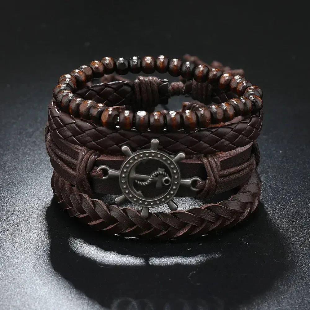 Trendy Compass Man Leather Bracelets set Black Hand Woven Bracelet for Men 4pcs/set DIY Male Jewelry Gift New Pulsera Hombre