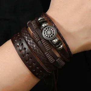 Trendy Compass Man Leather Bracelets set Black Hand Woven Bracelet for Men 4pcs/set DIY Male Jewelry Gift New Pulsera Hombre